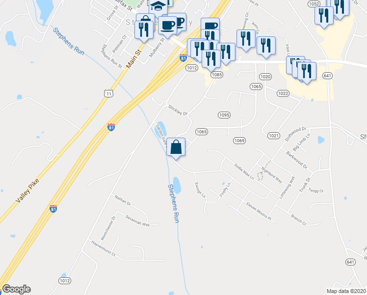 map of restaurants, bars, coffee shops, grocery stores, and more near 516 Ridgefield Avenue in Stephens City