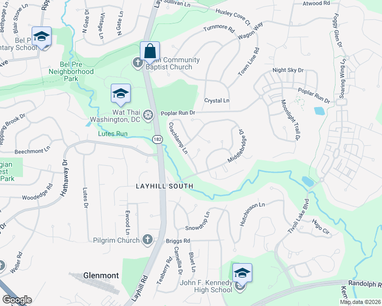 map of restaurants, bars, coffee shops, grocery stores, and more near 13421 Coachlamp Lane in Silver Spring