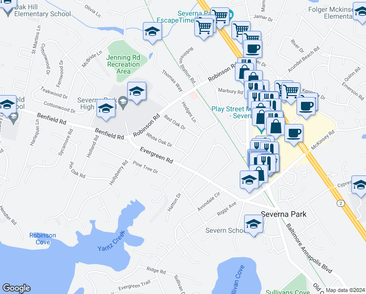 map of restaurants, bars, coffee shops, grocery stores, and more near 504 White Oak Drive in Severna Park