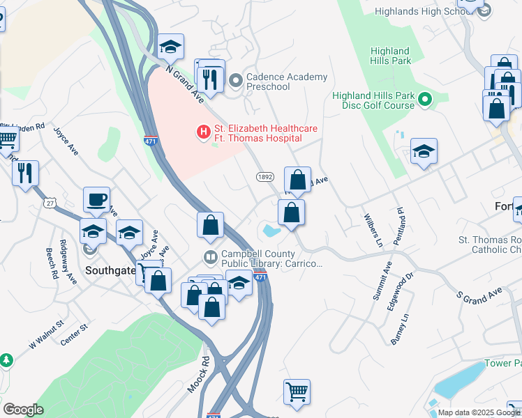 map of restaurants, bars, coffee shops, grocery stores, and more near 730 Highland Avenue in Fort Thomas
