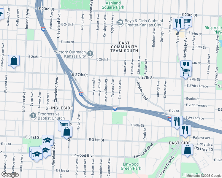 map of restaurants, bars, coffee shops, grocery stores, and more near 2740 Cypress Avenue in Kansas City