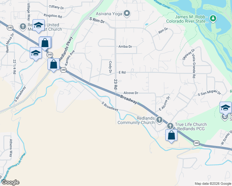 map of restaurants, bars, coffee shops, grocery stores, and more near 398 Alcove Drive in Grand Junction