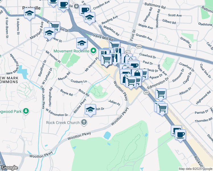map of restaurants, bars, coffee shops, grocery stores, and more near 1043 Copperstone Court in Rockville