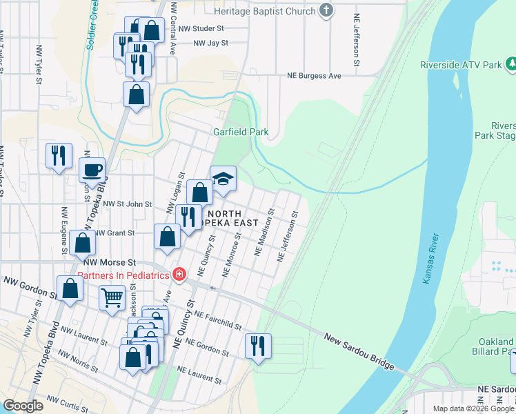 map of restaurants, bars, coffee shops, grocery stores, and more near 310 Northeast Paramore Street in Topeka