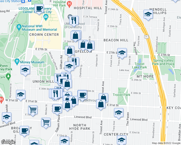 map of restaurants, bars, coffee shops, grocery stores, and more near 2827 Campbell Street in Kansas City