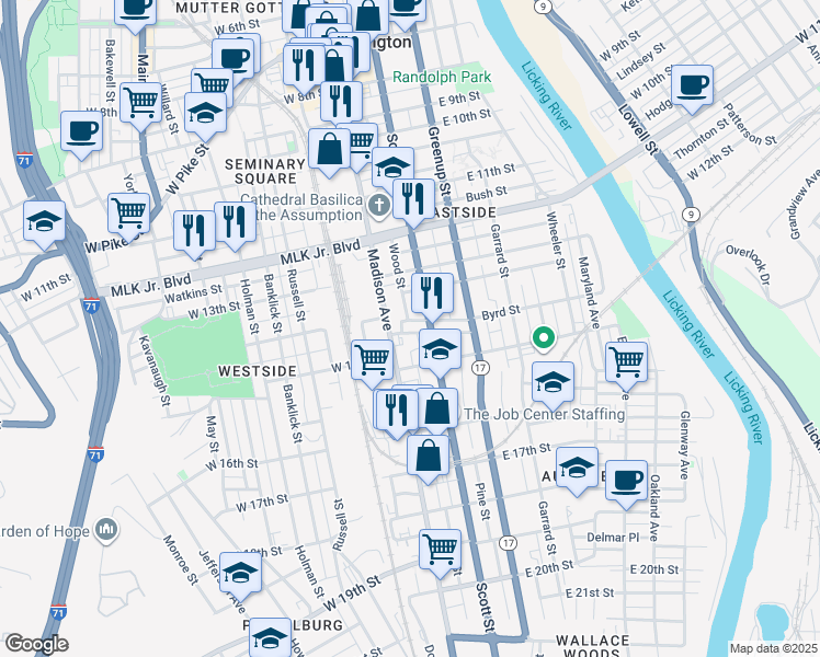 map of restaurants, bars, coffee shops, grocery stores, and more near 16 Martin Street in Covington