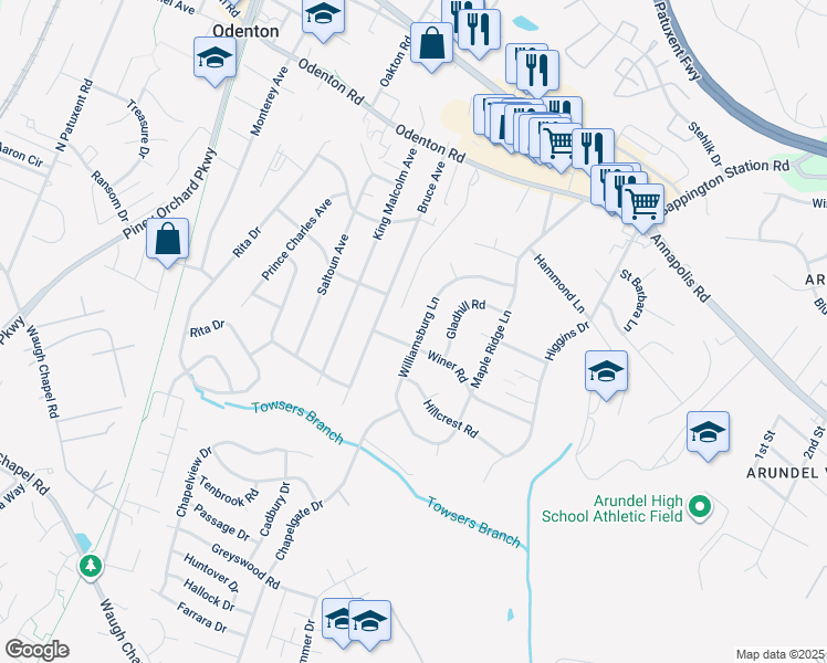 map of restaurants, bars, coffee shops, grocery stores, and more near 526 Williamsburg Lane in Odenton