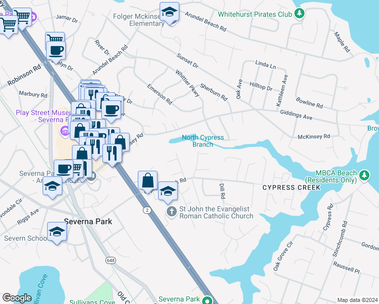 map of restaurants, bars, coffee shops, grocery stores, and more near 632 Dunkeld Court in Severna Park