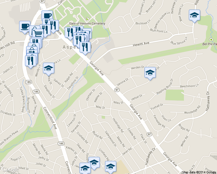 map of restaurants, bars, coffee shops, grocery stores, and more near 13318 Georgia Avenue in Silver Spring