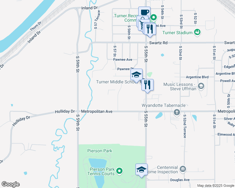 map of restaurants, bars, coffee shops, grocery stores, and more near 1312 South 55th Street in Kansas City