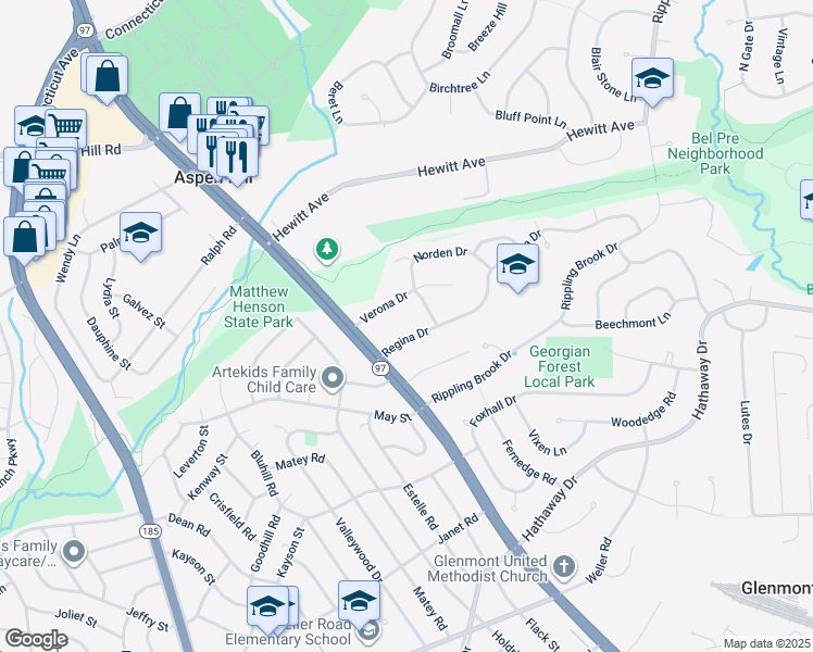 map of restaurants, bars, coffee shops, grocery stores, and more near 3209 Regina Drive in Silver Spring