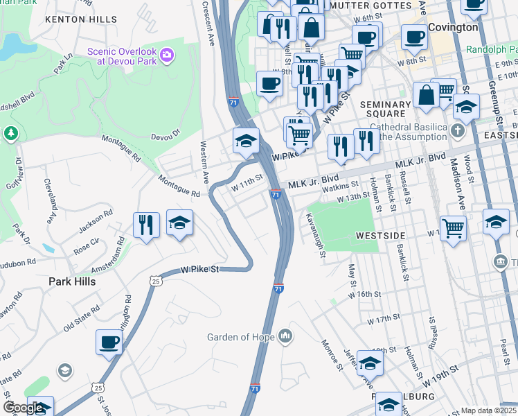 map of restaurants, bars, coffee shops, grocery stores, and more near 620 West Watkins Street in Covington