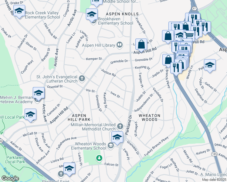 map of restaurants, bars, coffee shops, grocery stores, and more near 4415 Ives Street in Rockville