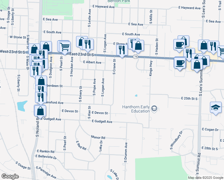 map of restaurants, bars, coffee shops, grocery stores, and more near 1326 South Crane Street in Independence