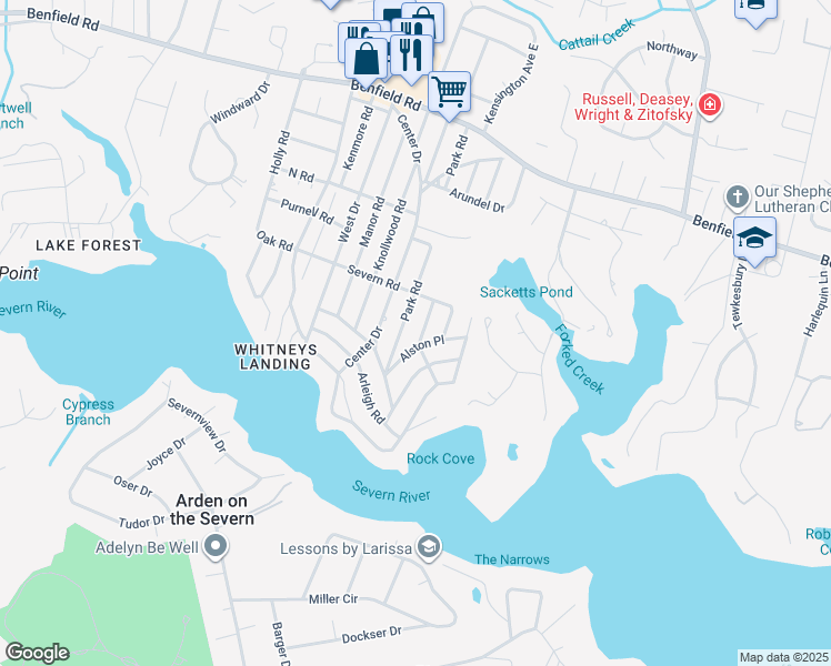 map of restaurants, bars, coffee shops, grocery stores, and more near 622 Oak Lane in Severna Park