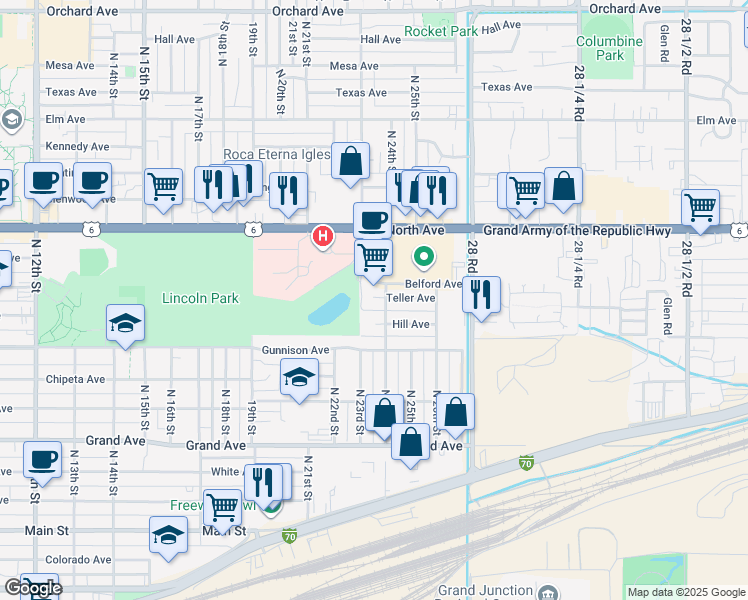 map of restaurants, bars, coffee shops, grocery stores, and more near 2345 Teller Court in Grand Junction