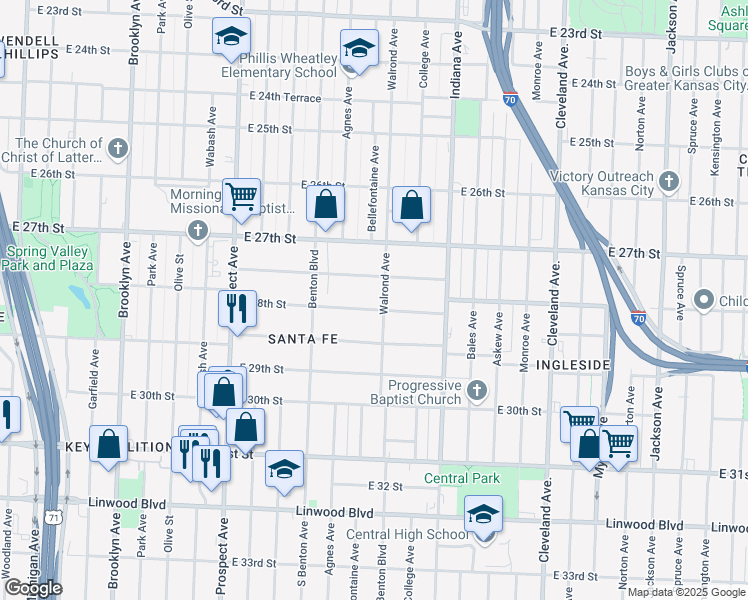 map of restaurants, bars, coffee shops, grocery stores, and more near 2954 East 28th Street in Kansas City
