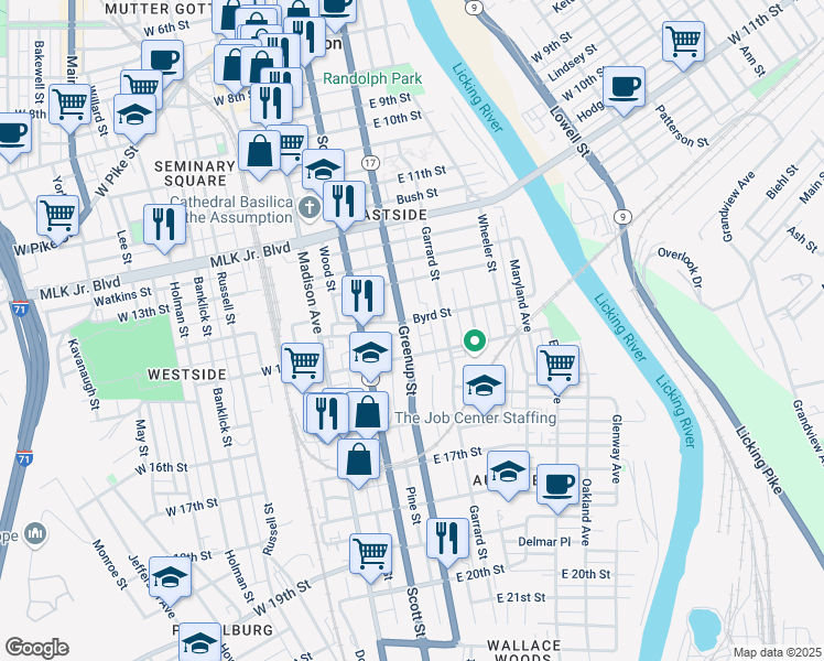 map of restaurants, bars, coffee shops, grocery stores, and more near 209 Byrd Street in Covington
