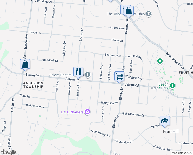 map of restaurants, bars, coffee shops, grocery stores, and more near 6520 Salem Road in Cincinnati