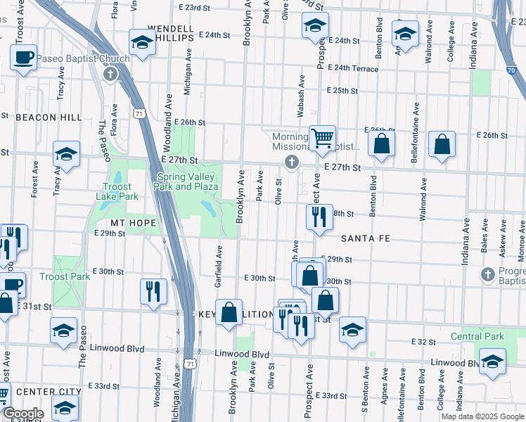 map of restaurants, bars, coffee shops, grocery stores, and more near 2811 Park Avenue in Kansas City