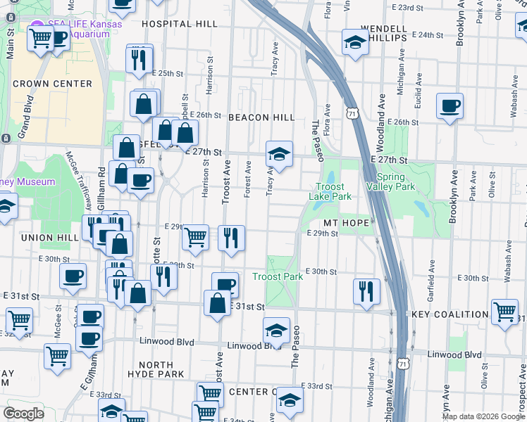 map of restaurants, bars, coffee shops, grocery stores, and more near 2828 Tracy Avenue in Kansas City