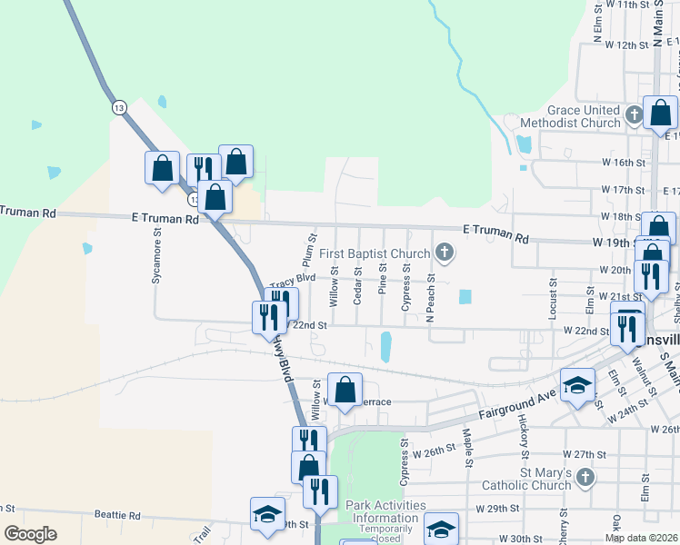 map of restaurants, bars, coffee shops, grocery stores, and more near 1911 Willow Street in Higginsville