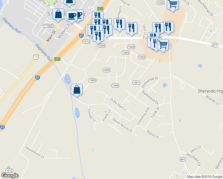 map of restaurants, bars, coffee shops, grocery stores, and more near 114 Grove Court in Stephens City