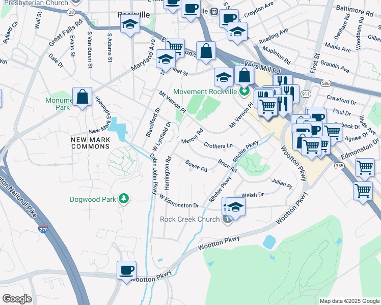 map of restaurants, bars, coffee shops, grocery stores, and more near 807 Brice Road in Rockville