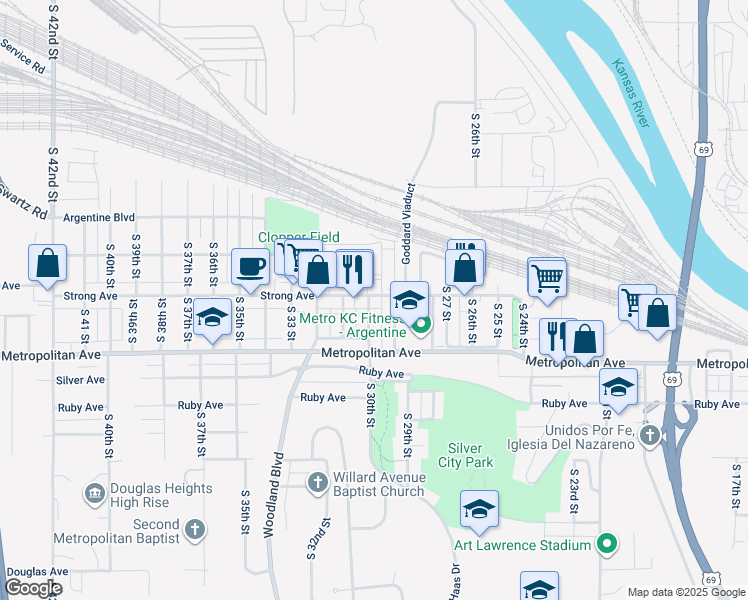 map of restaurants, bars, coffee shops, grocery stores, and more near 1401 South 30th Street in Kansas City