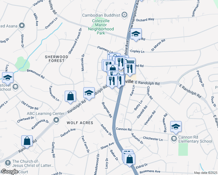 map of restaurants, bars, coffee shops, grocery stores, and more near 24 Randolph Road in Silver Spring