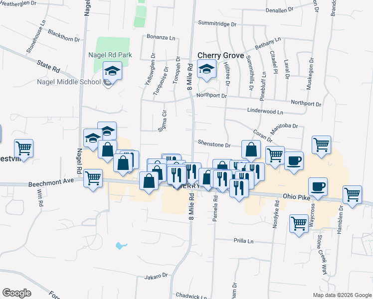 map of restaurants, bars, coffee shops, grocery stores, and more near 1345 8 Mile Road in Cincinnati