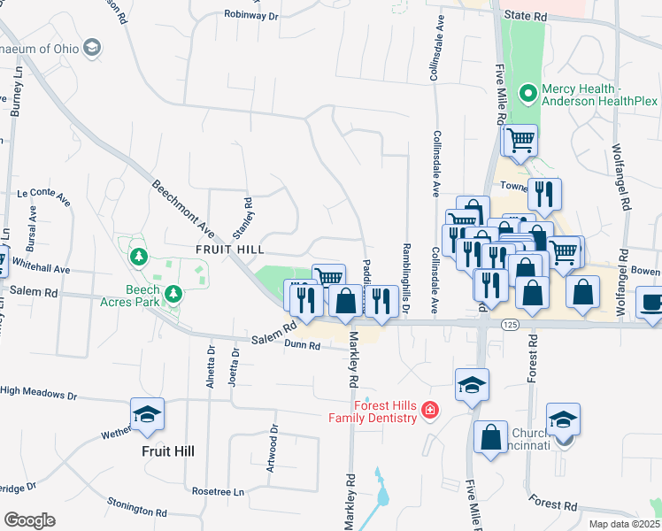 map of restaurants, bars, coffee shops, grocery stores, and more near 7171 Honeywood Court in Cincinnati