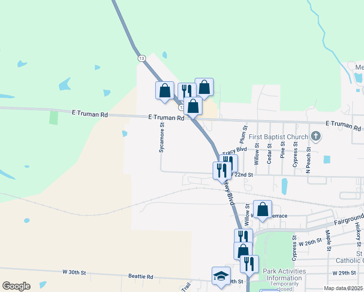 map of restaurants, bars, coffee shops, grocery stores, and more near 1201 West 19th Street in Higginsville