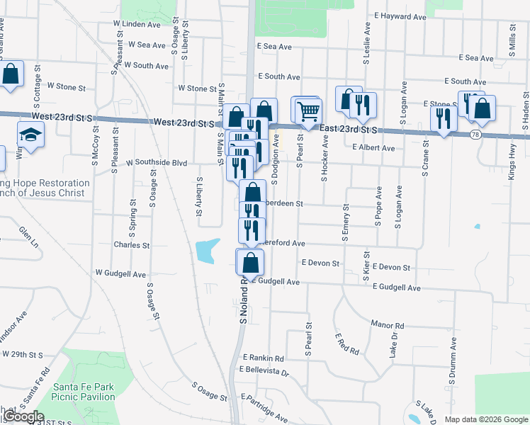 map of restaurants, bars, coffee shops, grocery stores, and more near 1402 South Dodgion Avenue in Independence