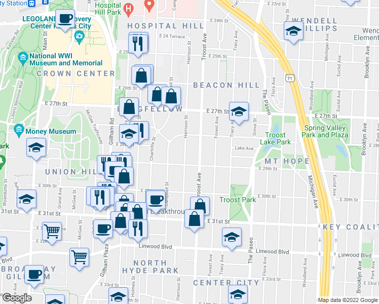 map of restaurants, bars, coffee shops, grocery stores, and more near 2833 Harrison Street in Kansas City