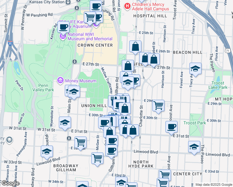 map of restaurants, bars, coffee shops, grocery stores, and more near 600 East 28th Street in Kansas City