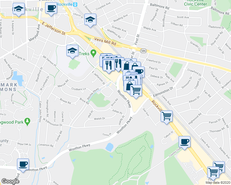 map of restaurants, bars, coffee shops, grocery stores, and more near 1030 Copperstone Ct in Rockville