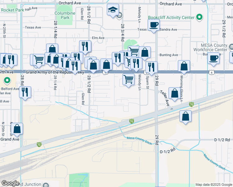 map of restaurants, bars, coffee shops, grocery stores, and more near 482 Harris Road in Grand Junction