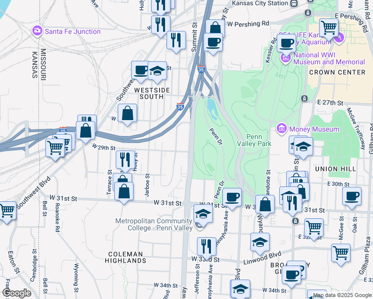 map of restaurants, bars, coffee shops, grocery stores, and more near 2850 Summit Street in Kansas City