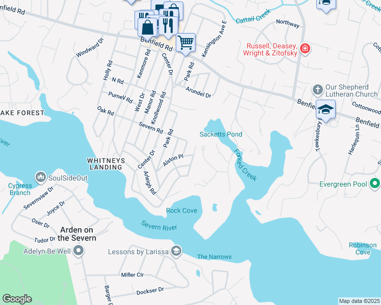 map of restaurants, bars, coffee shops, grocery stores, and more near 598 Alston Place in Severna Park