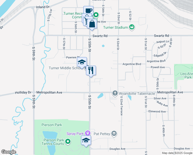 map of restaurants, bars, coffee shops, grocery stores, and more near 1403 South 55th Street in Kansas City