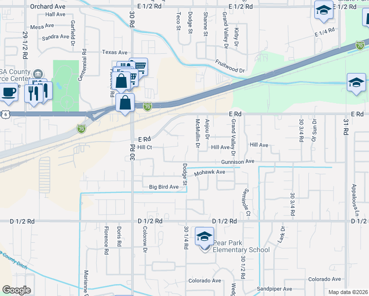 map of restaurants, bars, coffee shops, grocery stores, and more near 485 Dodge Court in Grand Junction