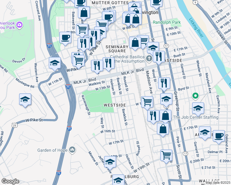 map of restaurants, bars, coffee shops, grocery stores, and more near 1320 Holman Street in Covington