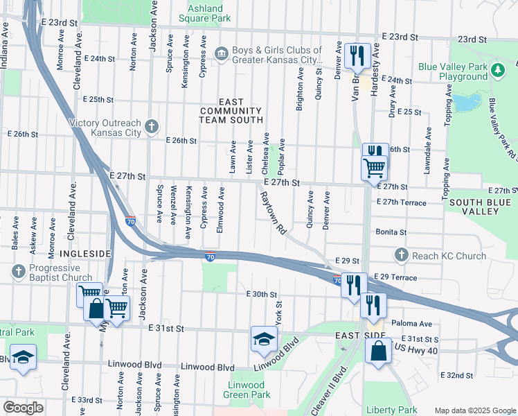 map of restaurants, bars, coffee shops, grocery stores, and more near 2737 Chelsea Ave in Kansas City