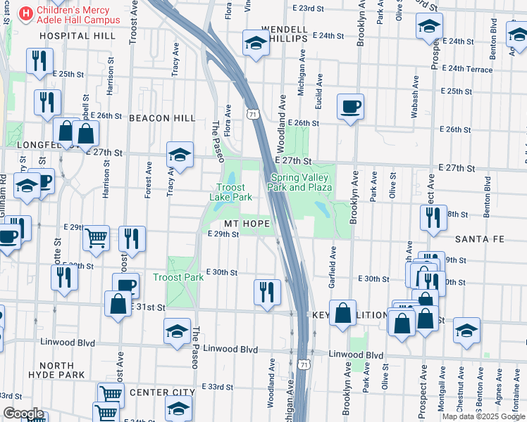map of restaurants, bars, coffee shops, grocery stores, and more near 2817 Highland Avenue in Kansas City