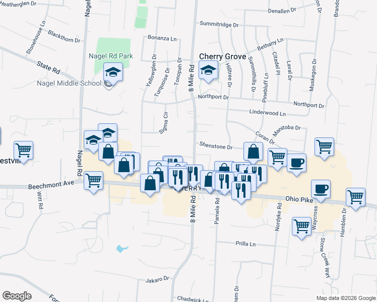map of restaurants, bars, coffee shops, grocery stores, and more near 1345 8 Mile Road in Cincinnati
