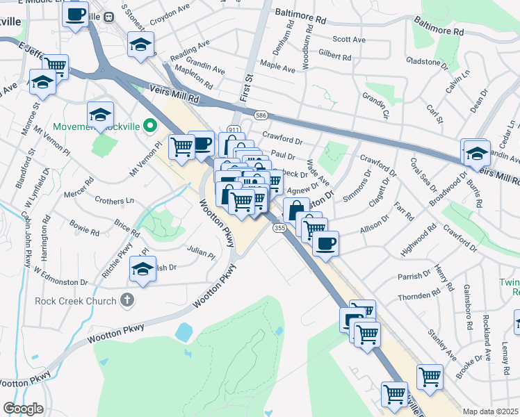 map of restaurants, bars, coffee shops, grocery stores, and more near 845 Rockville Pike in Rockville
