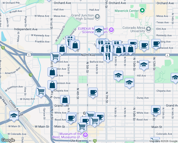 map of restaurants, bars, coffee shops, grocery stores, and more near 828 North 5th Street in Grand Junction