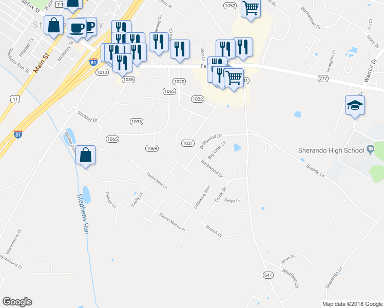 map of restaurants, bars, coffee shops, grocery stores, and more near 132 Driftwood Drive in Stephens City
