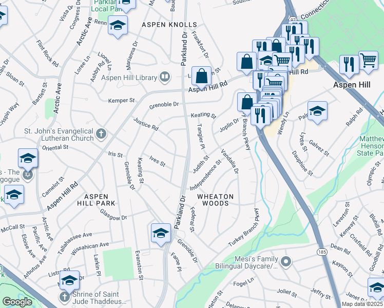 map of restaurants, bars, coffee shops, grocery stores, and more near 13401 Parkland Drive in Rockville